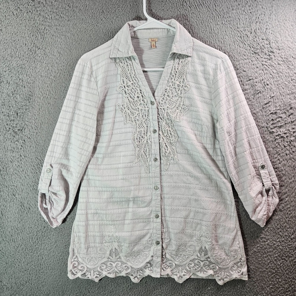 Reba Embroidered Shirt Women Small Button Long Sleeve Very Light Gray